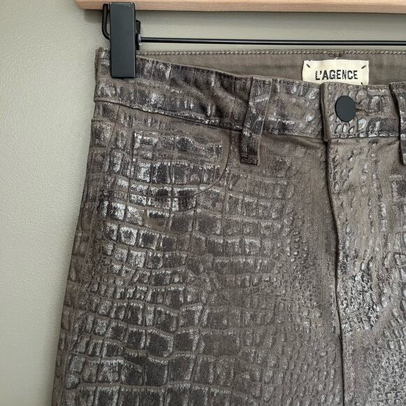 L'AGENCE Margot‎ High Rise Skinny Jeans In Chestnut Black Croc Foil Size 26 - Picture 7 of 16